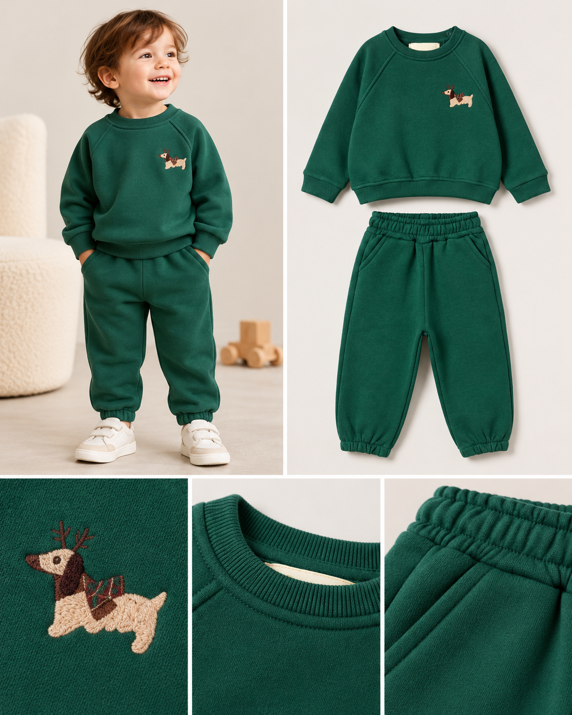 Erkek Çocuk Koyu Yeşil Sevimli Nakışlı Sweatshirt ve Eşofman Altı Takımı