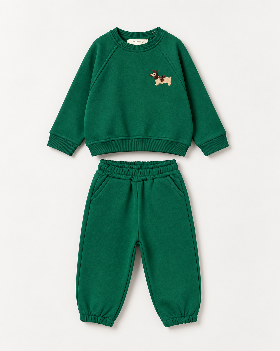 Erkek Çocuk Koyu Yeşil Sevimli Nakışlı Sweatshirt ve Eşofman Altı Takımı