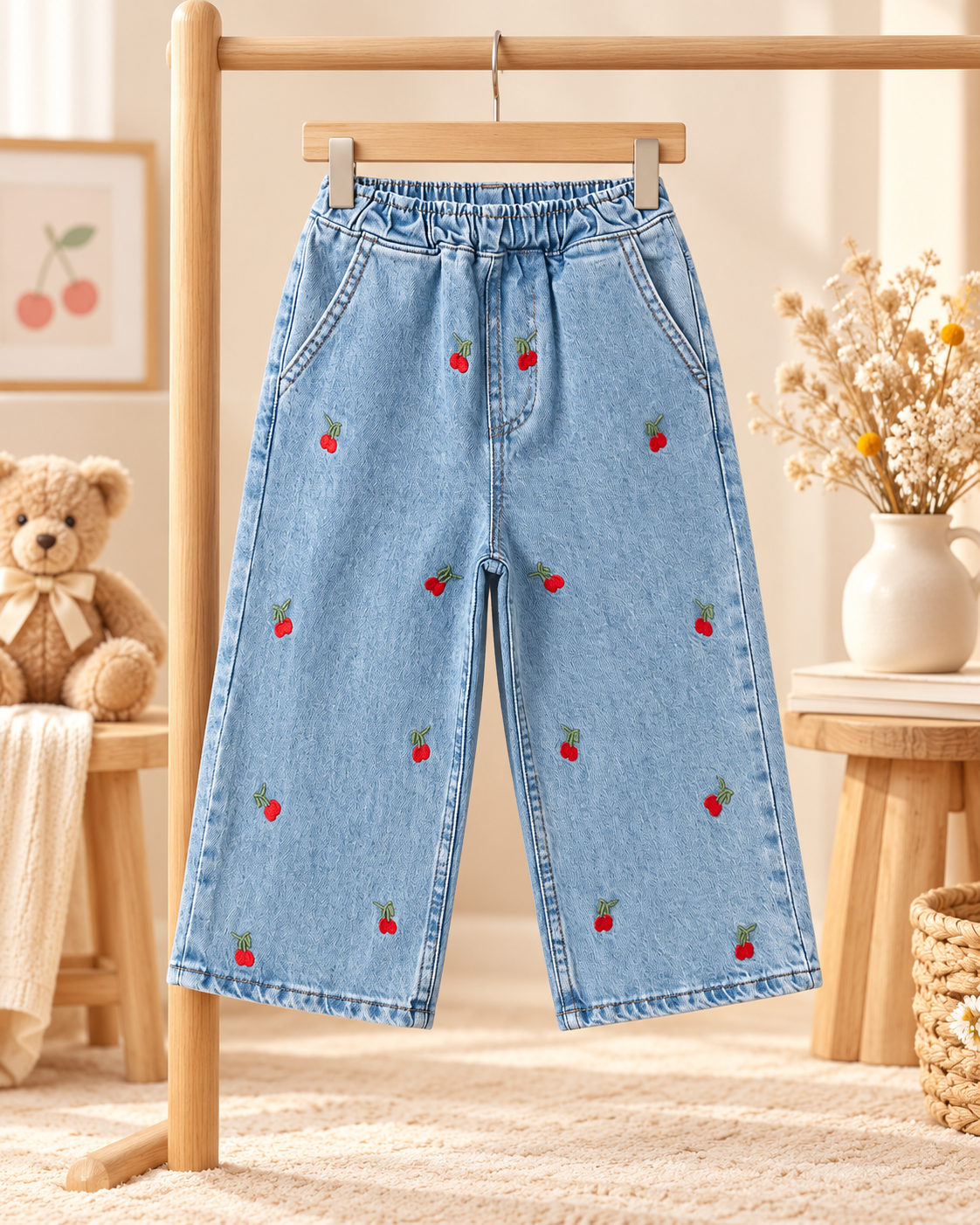 Kız Çocuk Kiraz Desenli Geniş Paça Jean Pantolon
