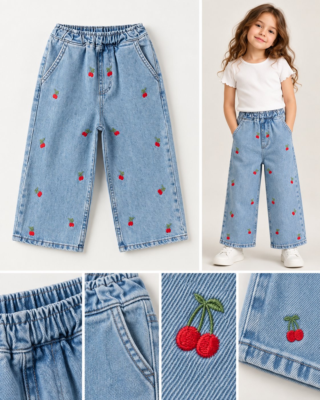 Kız Çocuk Kiraz Desenli Geniş Paça Jean Pantolon